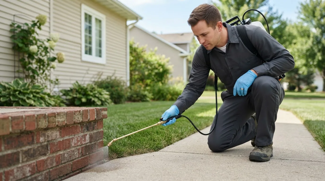 Pest control technician treating a home near Aurora, IN