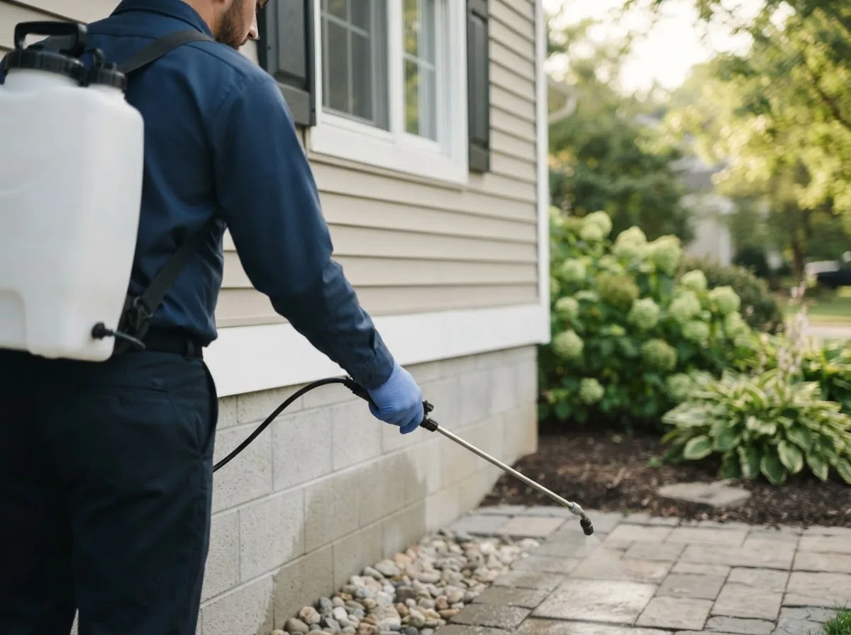 Pest control technician inspecting a home in Aurora, IN